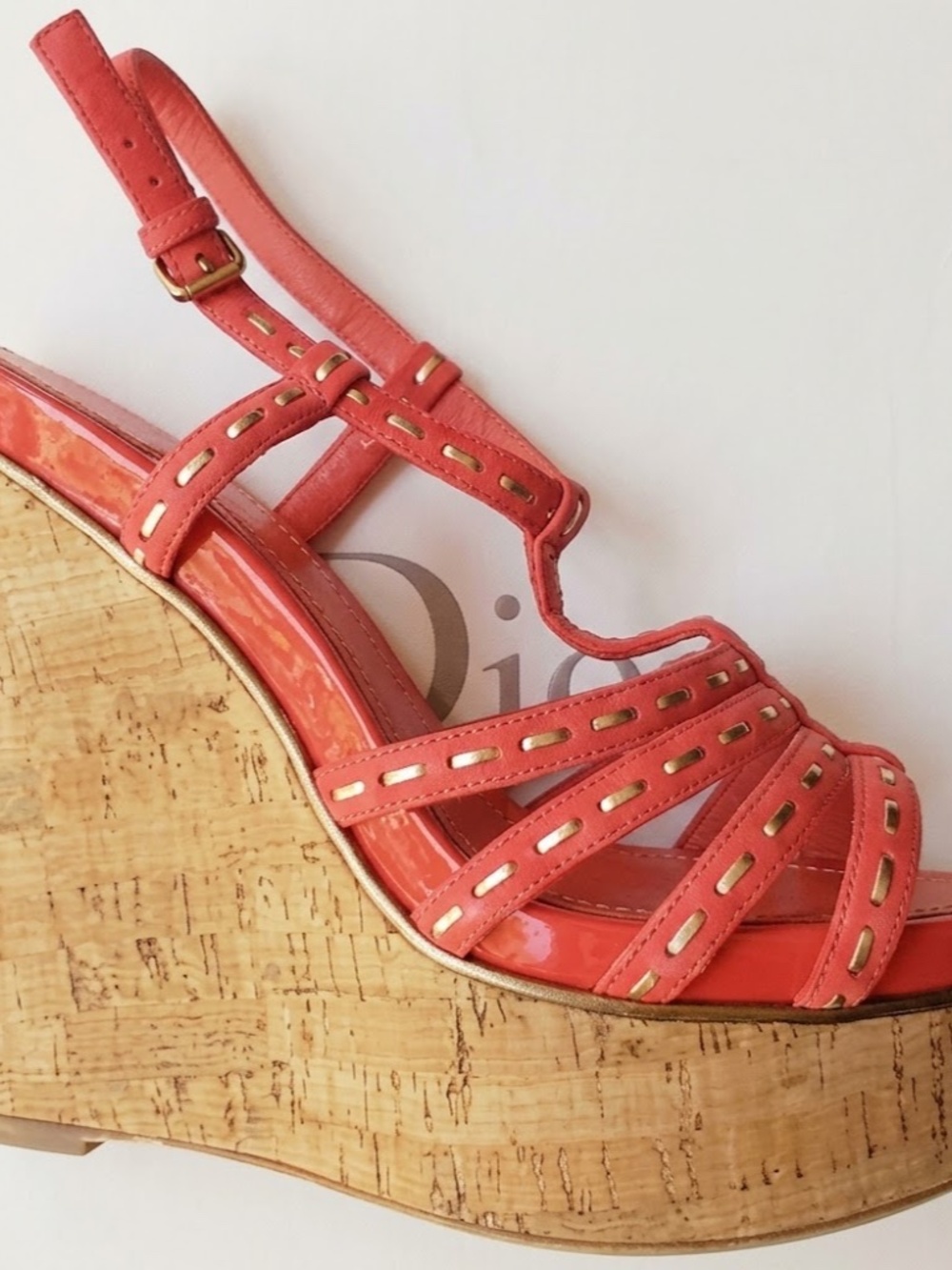 Christian Dior Antica Sandals Wedge Cork Platform Coral Suede 36